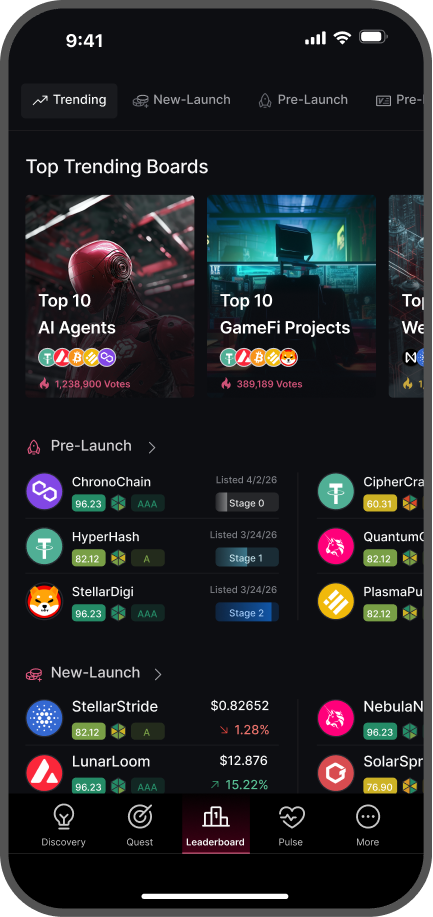 Dark mobile leaderboard and discovery product snapshot