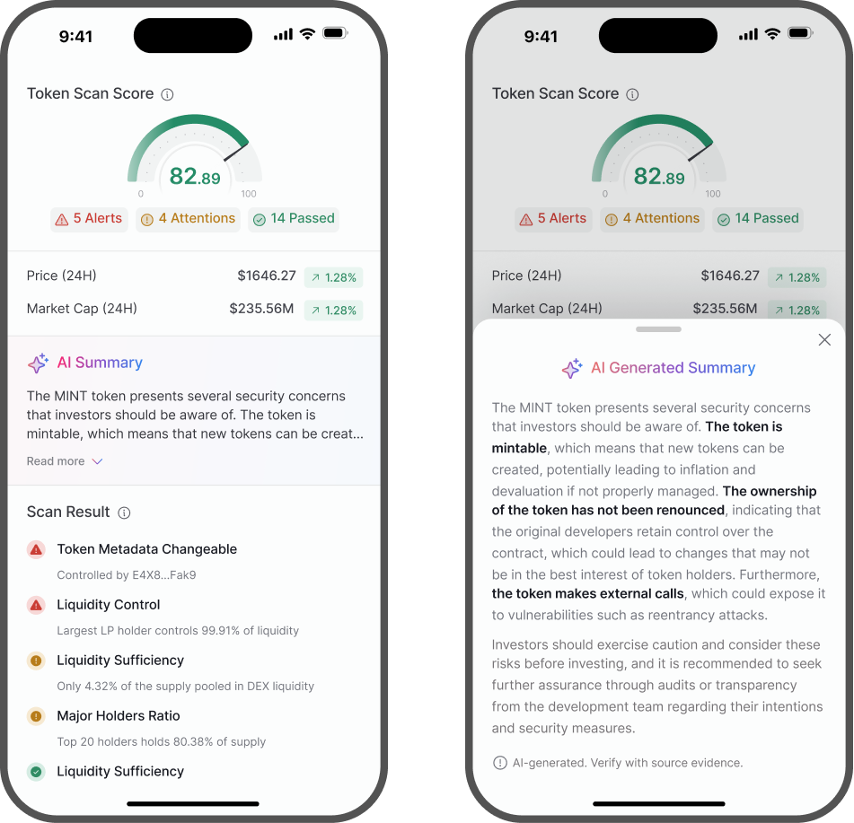 Mobile token scan and AI summary product snapshots